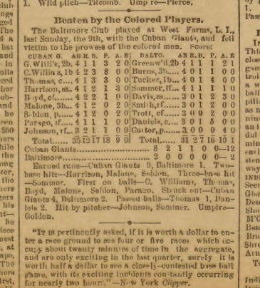 Baltimore and Cuban Giants Box Score